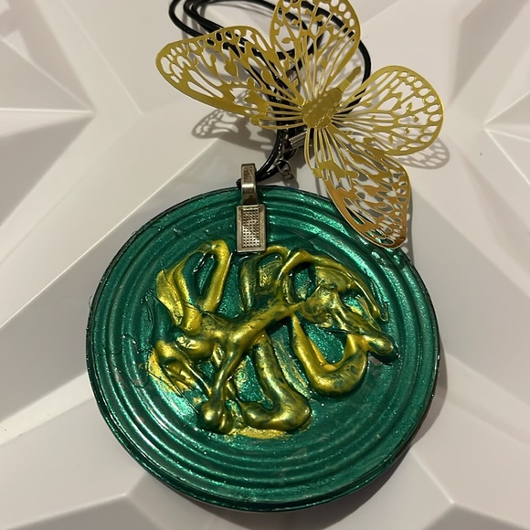 Reversible Artistic Circular Blue and Yellow Handmade Necklace - Picture 4 of 17